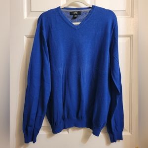Foxcroft Sweater Mens XL Cotton Cashmere Blend Blue V Neck Long
